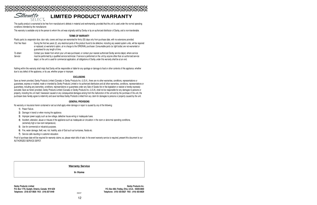 Danby DWC408BLSST owner manual Limited Product Warranty 