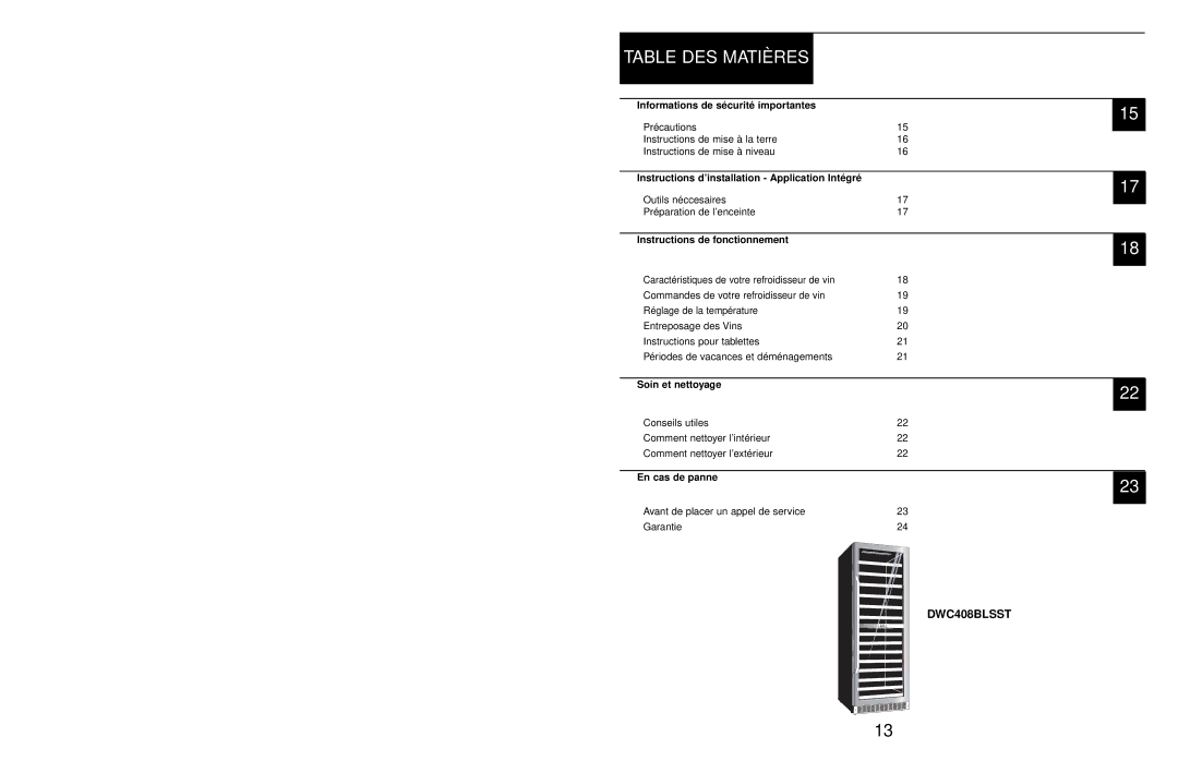 Danby DWC408BLSST owner manual Table DES Matières 