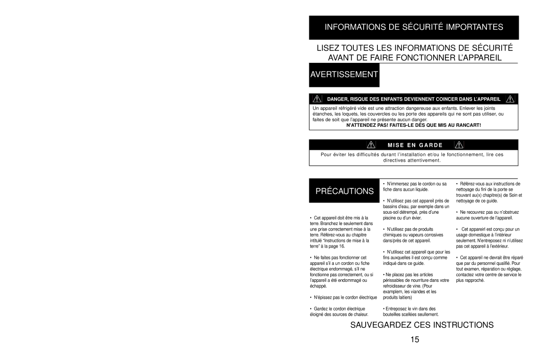 Danby DWC408BLSST owner manual Informations DE Sécurité Importantes, Avertissement, Précautions 