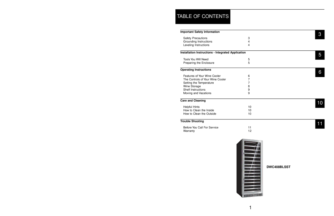 Danby DWC408BLSST owner manual Table of Contents 