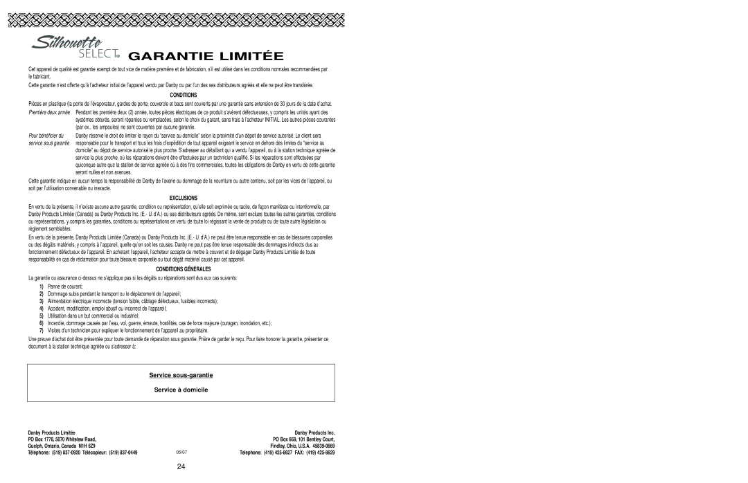 Danby DWC408BLSST owner manual Garantie Limitée 