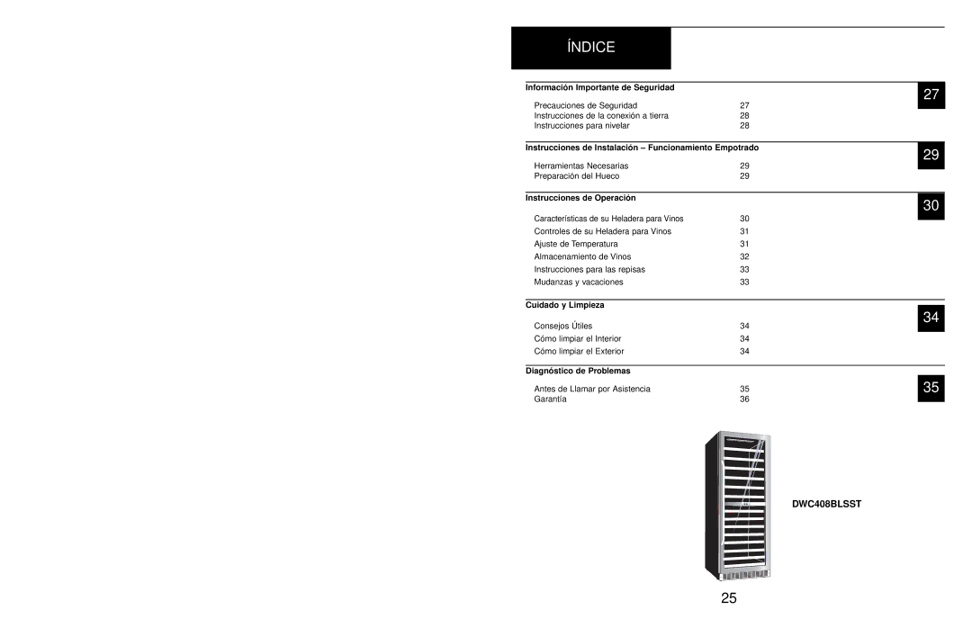 Danby DWC408BLSST owner manual Índice 