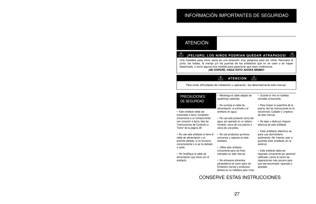 Danby DWC408BLSST owner manual Información Importantes DE Seguridad Atención, ¡PELIGRO, LOS Niños Podrían Quedar Atrapados 