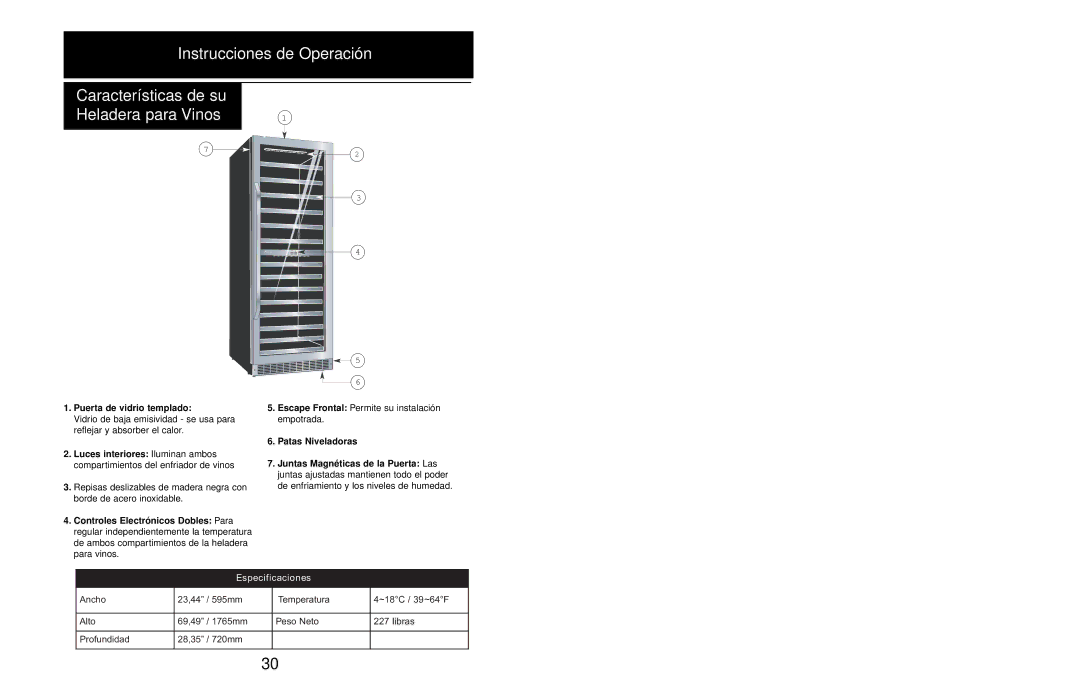 Danby DWC408BLSST owner manual Puerta de vidrio templado, Especificaciones 