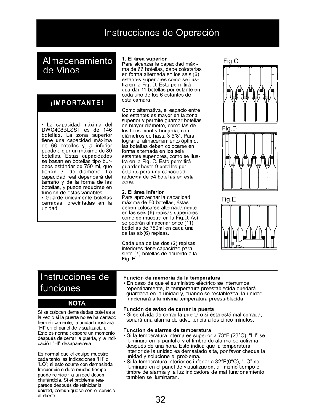 Danby DWC408BLSST owner manual Instrucciones de Operación Almacenamiento de Vinos, Instrucciones de funciones 