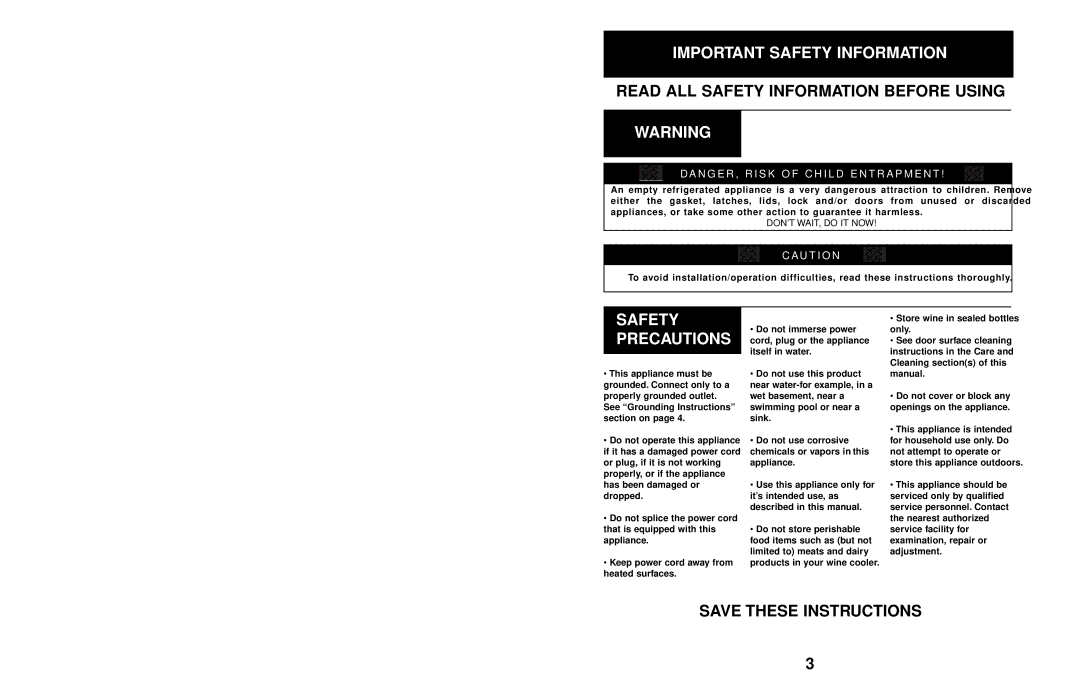 Danby DWC408BLSST Important Safety Information, Precautions, DA N G E R , R I S K O F C H I L D E N T R a P M E N T 