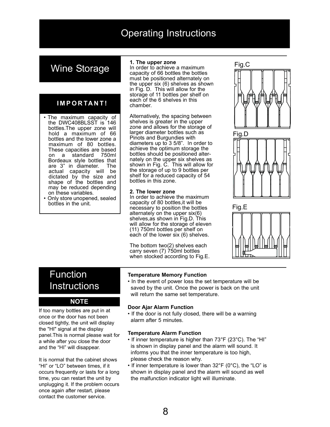 Danby DWC408BLSST owner manual Operating Instructions Wine Storage, Function Instructions 