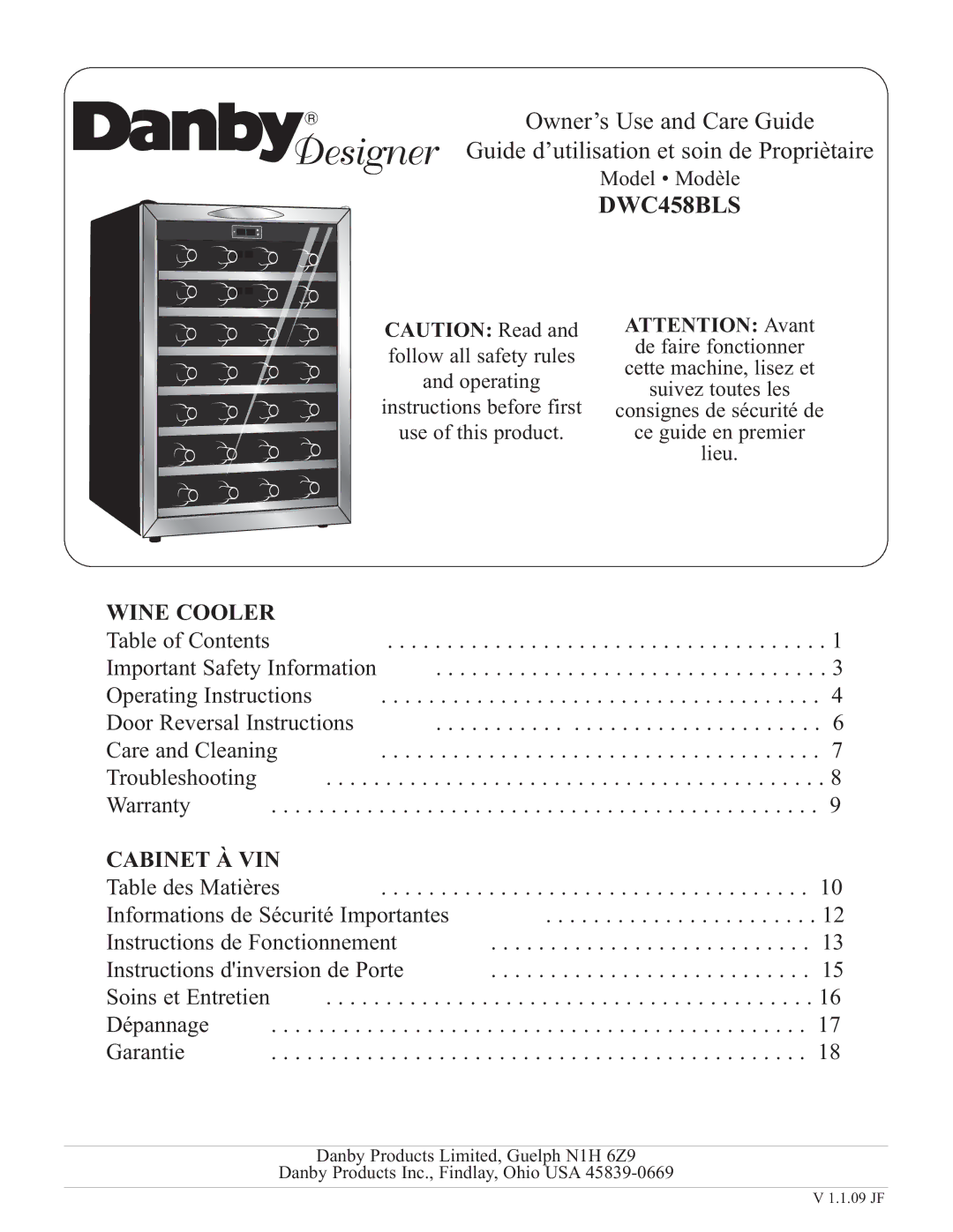 Danby DWC458BLS operating instructions Wine Cooler 