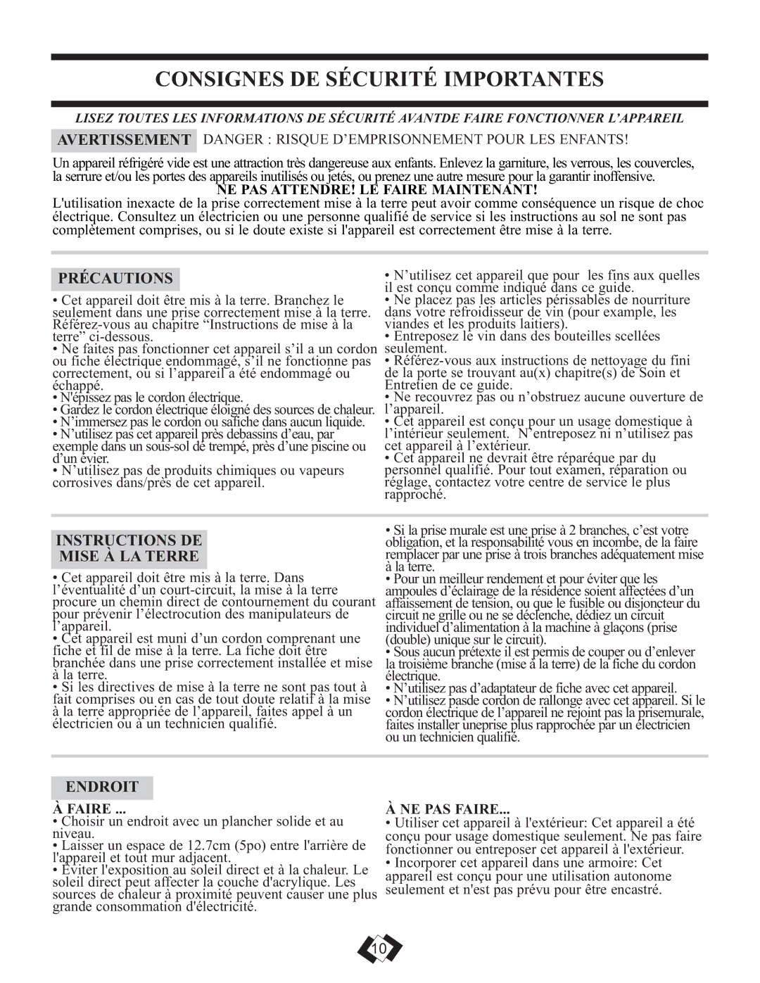 Danby DWC458BLS Consignes DE Sécurité Importantes, Précautions, Instructions DE Mise À LA Terre, Endroit 