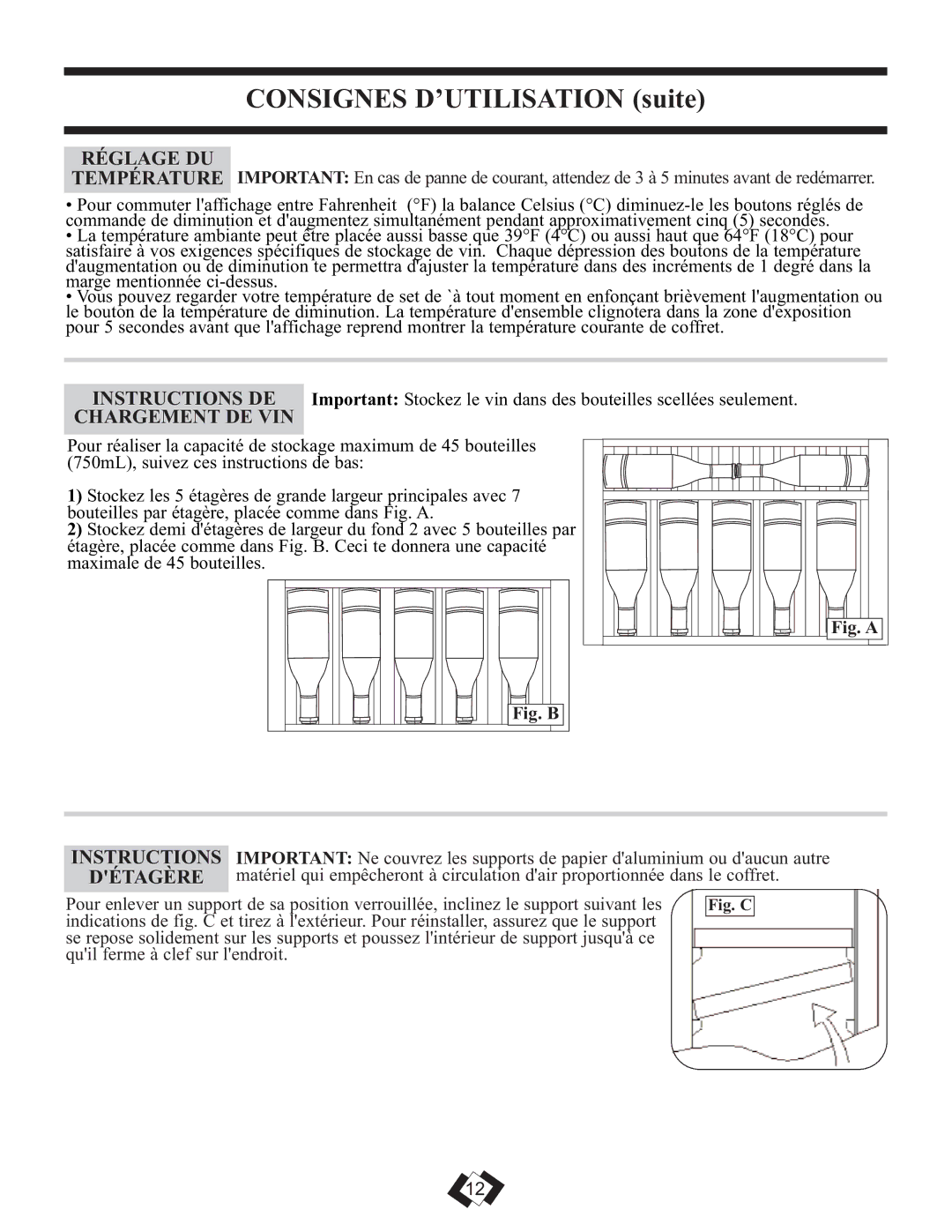 Danby DWC458BLS operating instructions Réglage DU, Chargement DE VIN, Détagère 