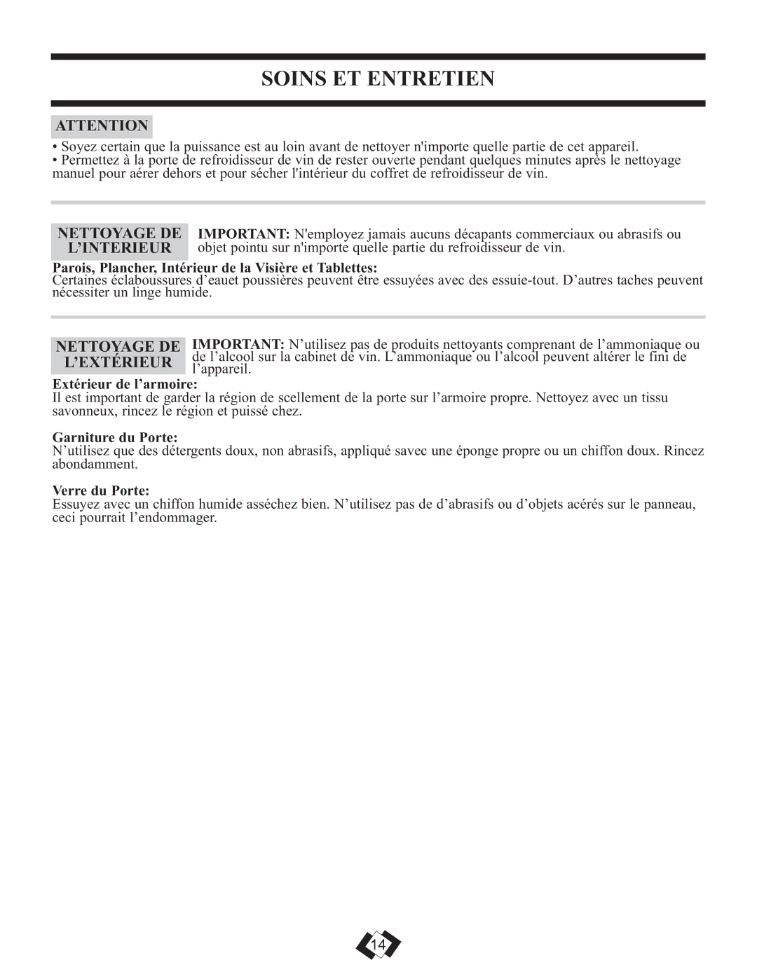 Danby DWC458BLS operating instructions Soins ET Entretien, Nettoyage DE, ’Extérieur 