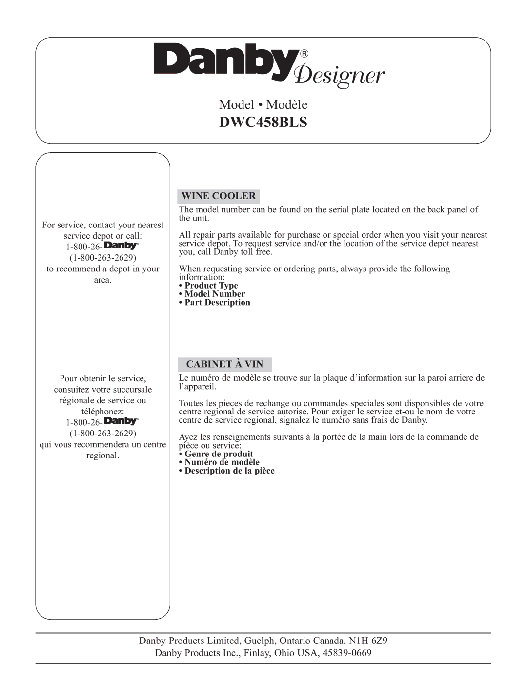 Danby DWC458BLS operating instructions Wine Cooler, Cabinet À VIN 