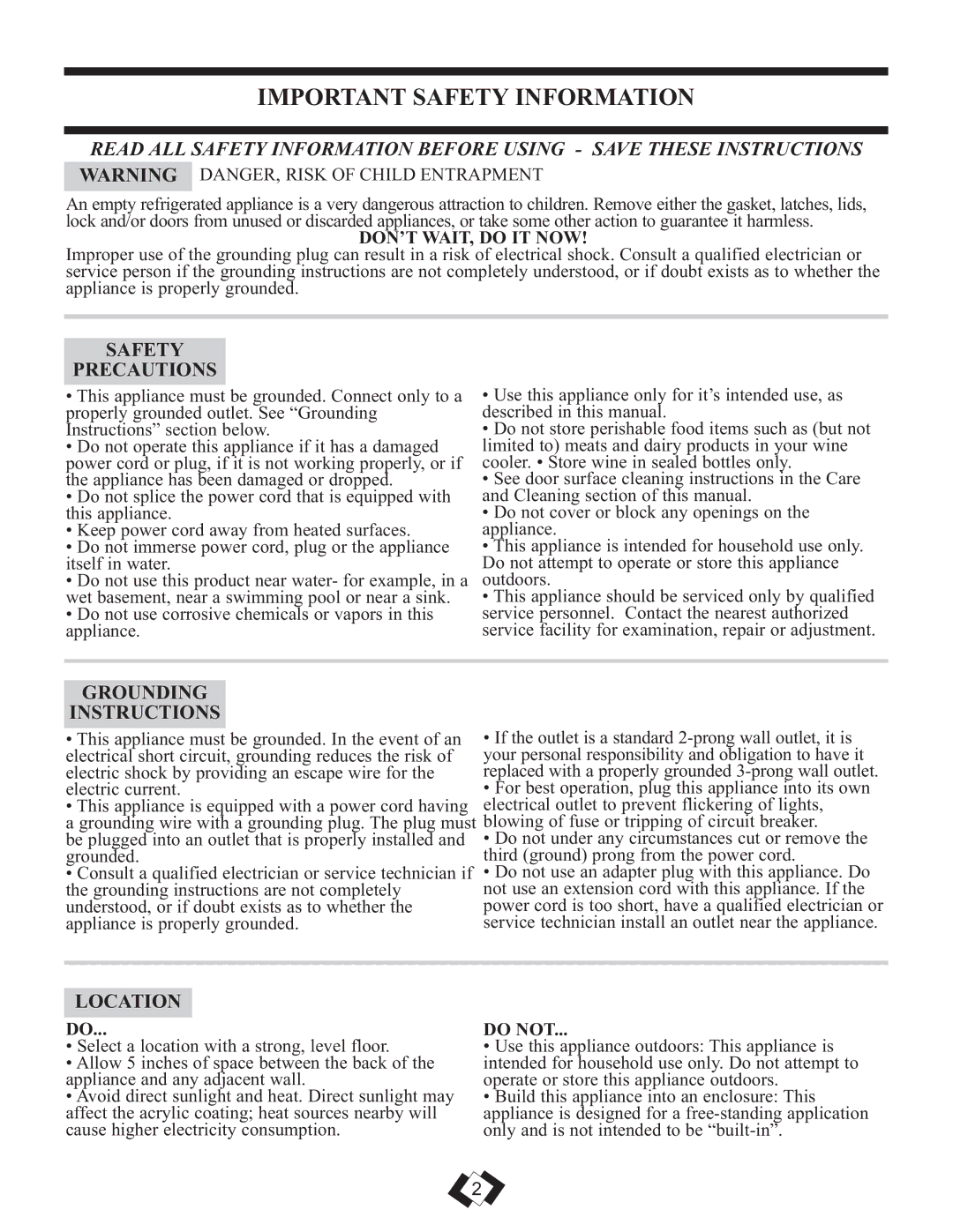 Danby DWC458BLS operating instructions Important Safety Information, Safety Precautions, Grounding Instructions, Location 