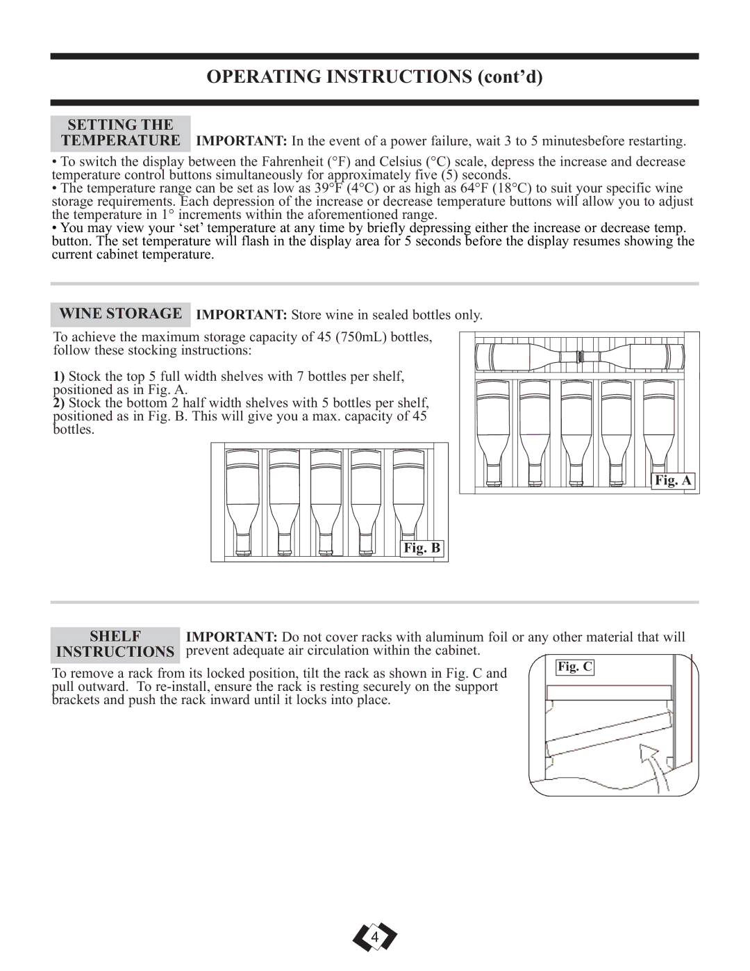 Danby DWC458BLS operating instructions Operating Instructions cont’d, Setting 