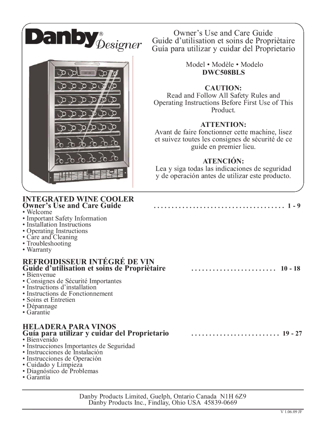 Danby DWC508BLS operating instructions Owner’s Use and Care Guide, Guide d’utilisation et soins de Propriètaire 