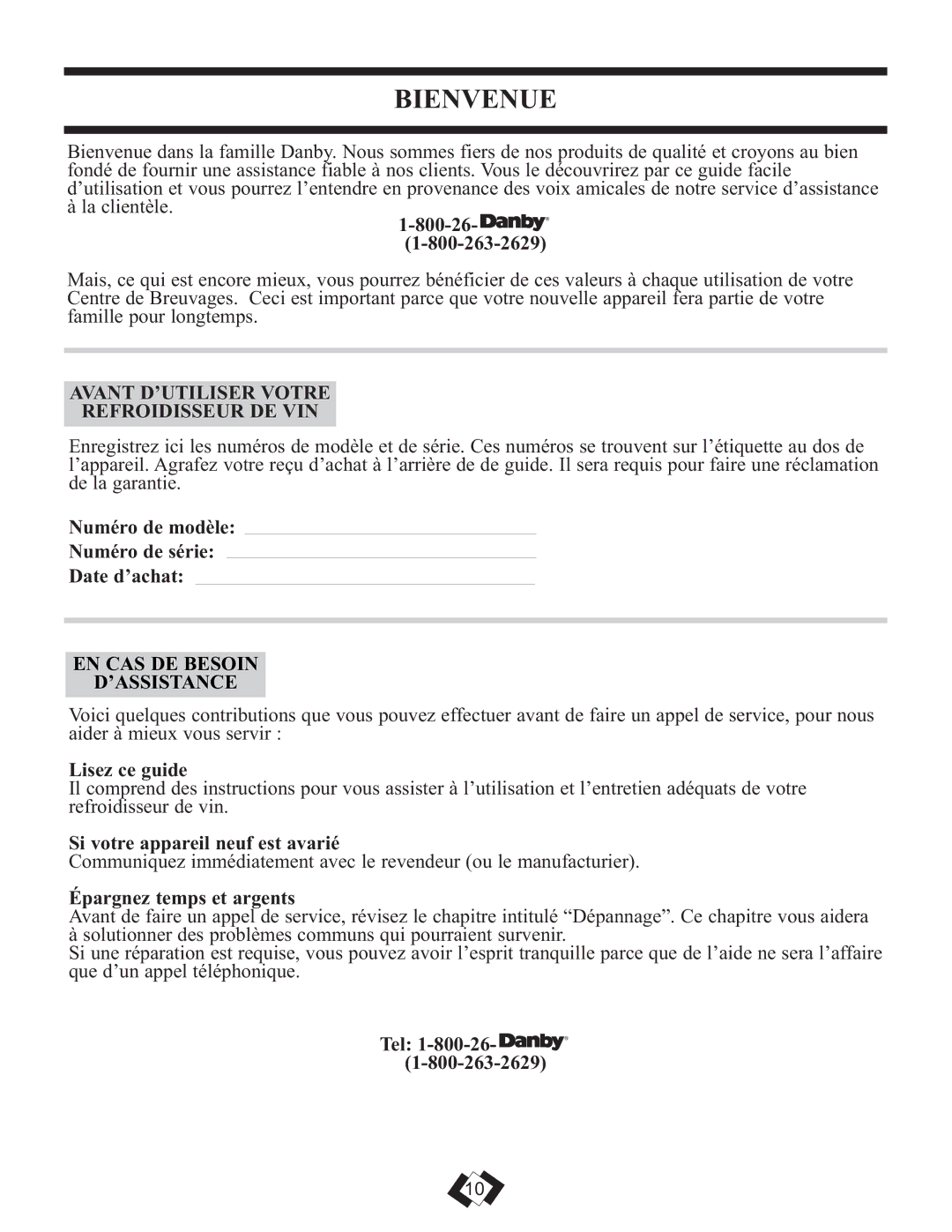 Danby DWC508BLS operating instructions Bienvenue, Avant D’UTILISER Votre Refroidisseur DE VIN 