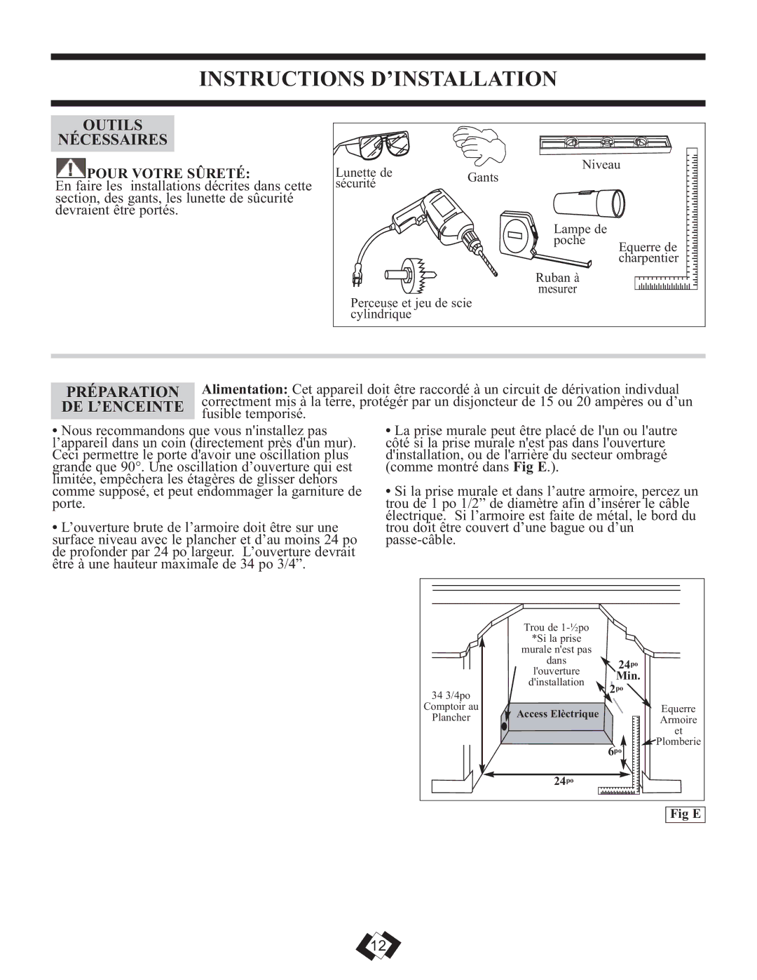 Danby DWC508BLS Instructions D’INSTALLATION, Outils Nécessaires, Préparation, De L’Enceinte, Pour Votre Sûreté 