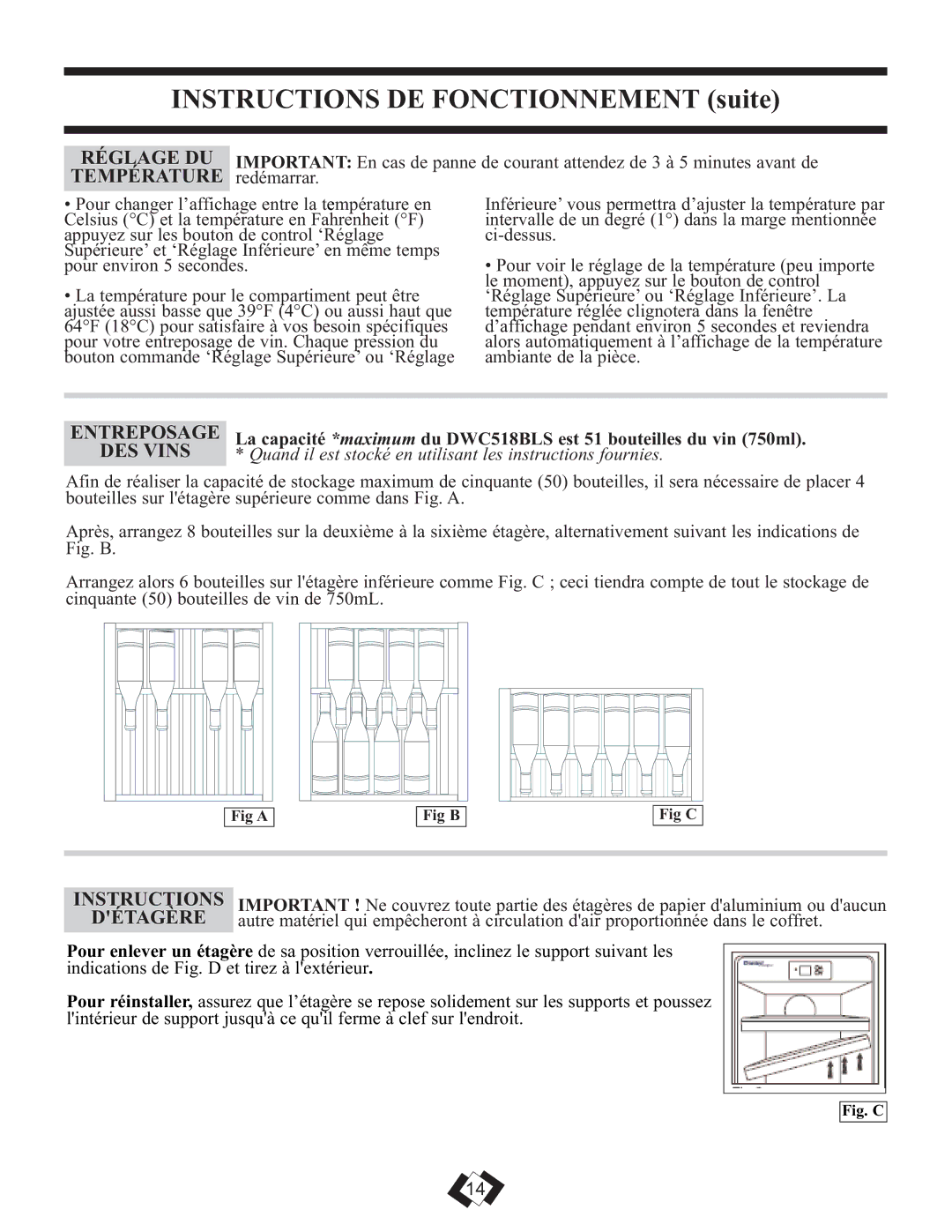 Danby DWC508BLS operating instructions Réglage DU, Température, Entreposage, DES Vins, Détagère 