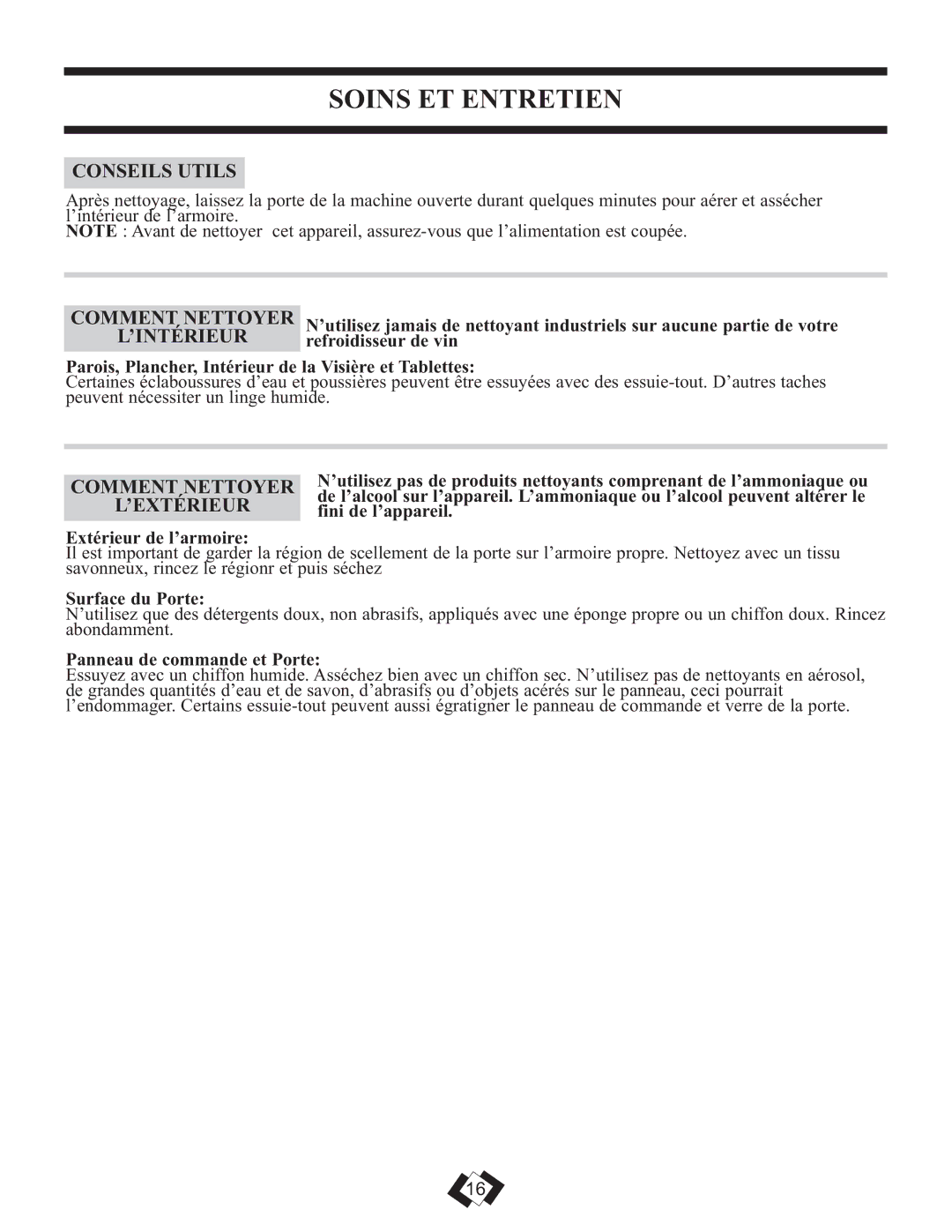 Danby DWC508BLS operating instructions Soins ET Entretien, Conseils Utils, Comment Nettoyer, ’Intérieur, ’Extérieur 