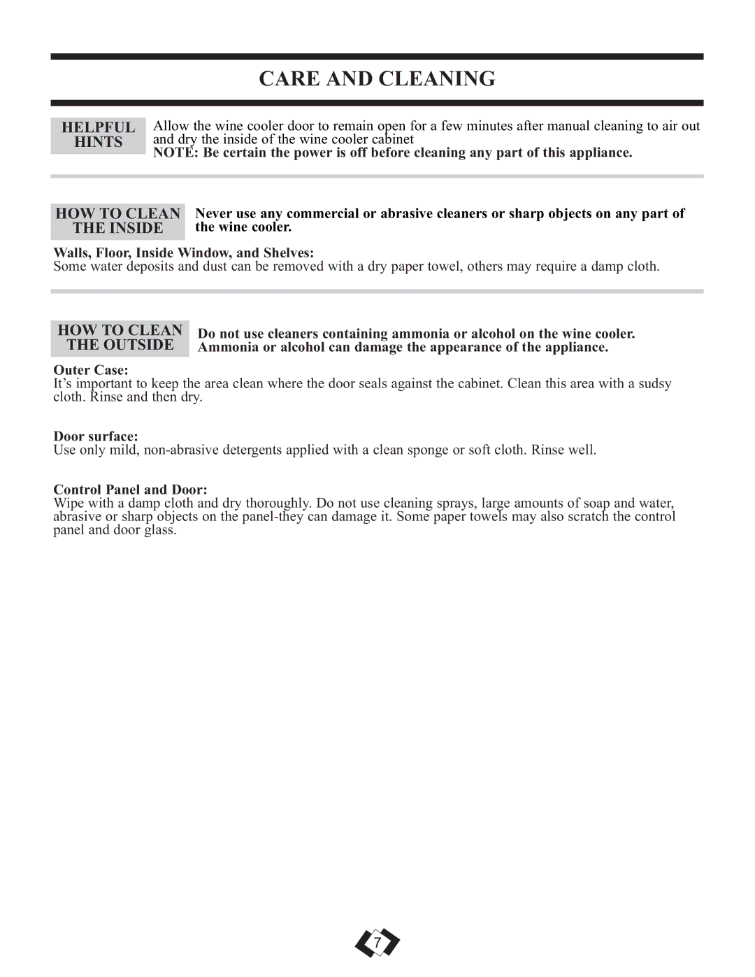 Danby DWC508BLS operating instructions Care and Cleaning 