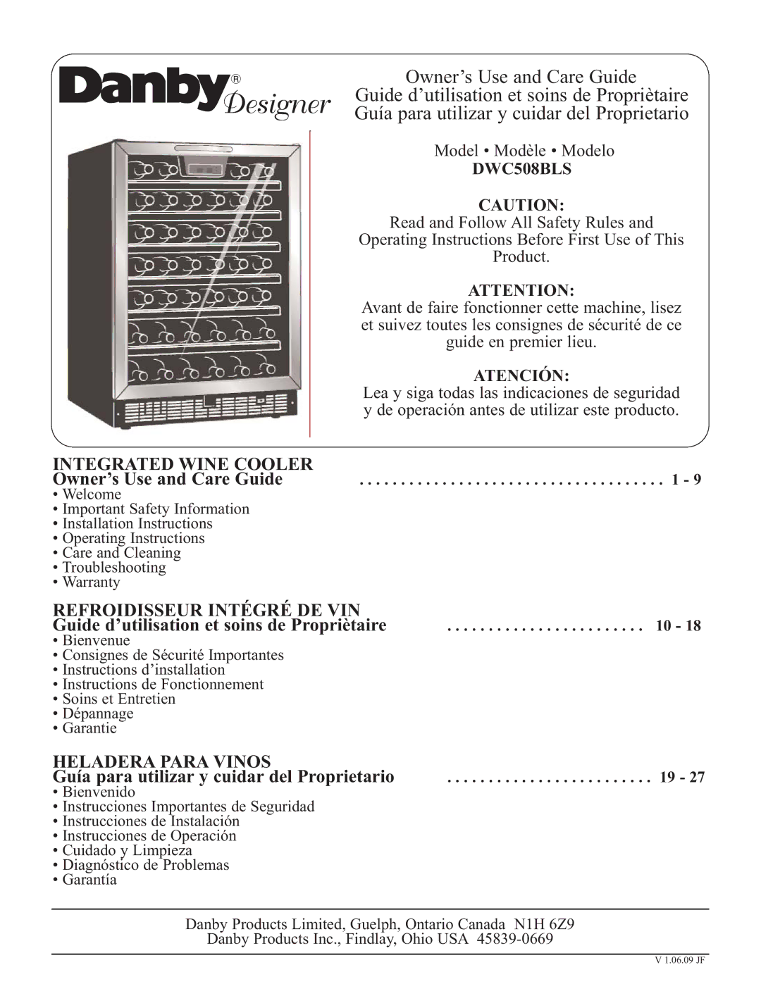 Danby DWC508BLS installation instructions Owner’s Use and Care Guide, Guide d’utilisation et soins de Propriètaire 