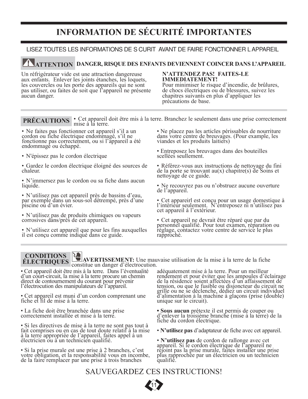 Danby DWC508BLS Information DE Sécurité Importantes, Conditions, ’ATTENDEZ PAS! FAITES-LE Immediatement 