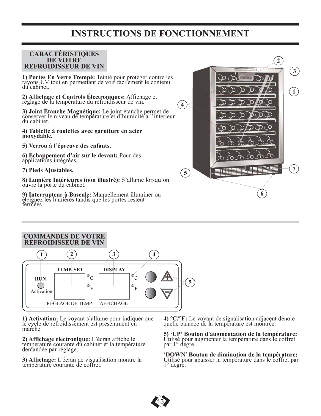 Danby DWC508BLS installation instructions Instructions DE Fonctionnement, Caractéristiques DE Votre Refroidisseur DE VIN 