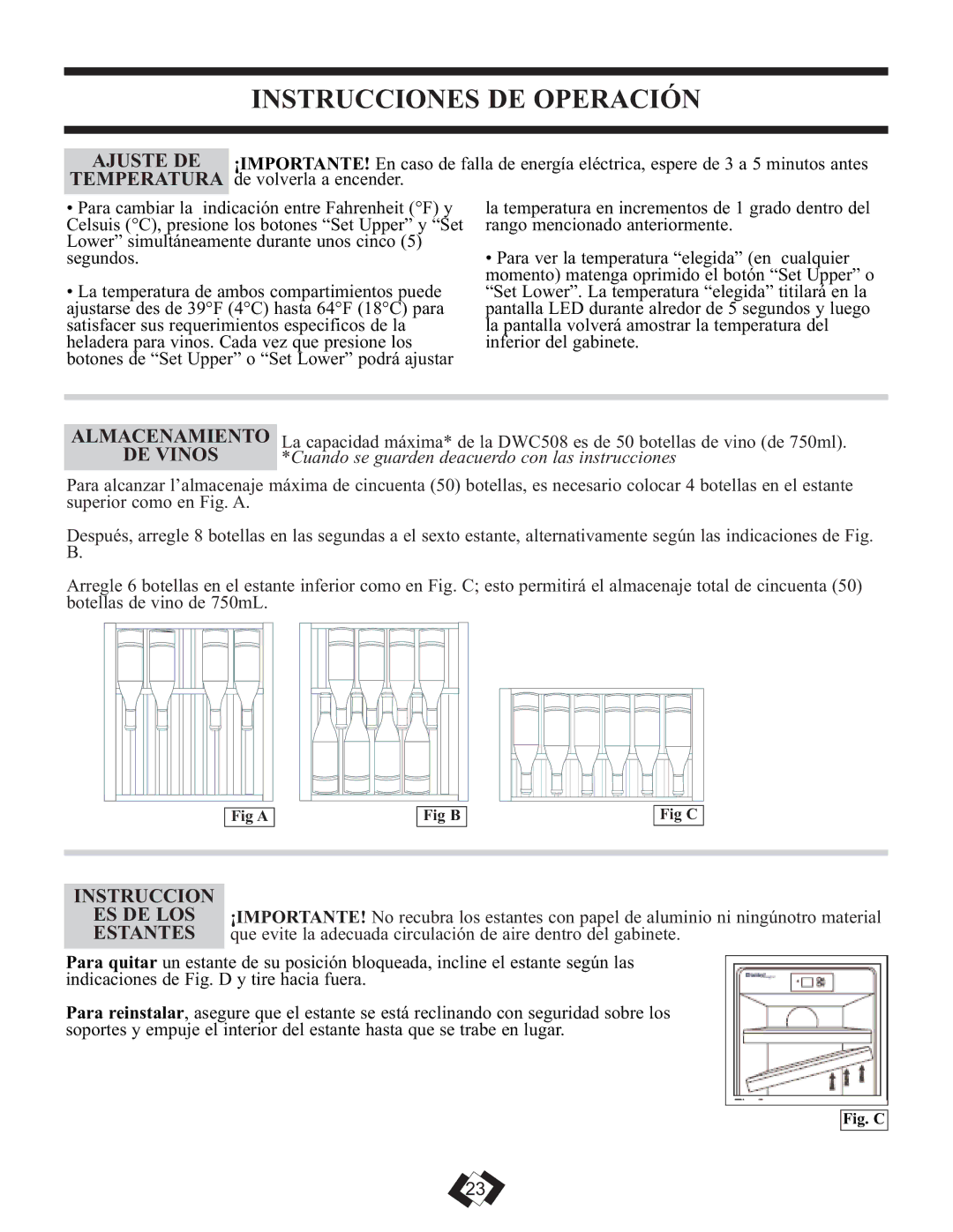 Danby DWC508BLS installation instructions Almacenamiento, DE Vinos, Instruccion 