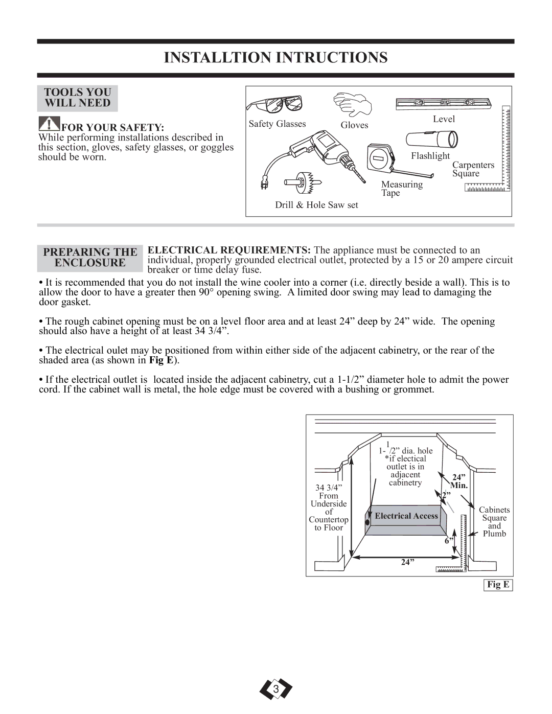 Danby DWC508BLS Installtion Intructions, Tools YOU Will Need, Preparing, Enclosure, For Your Safety 