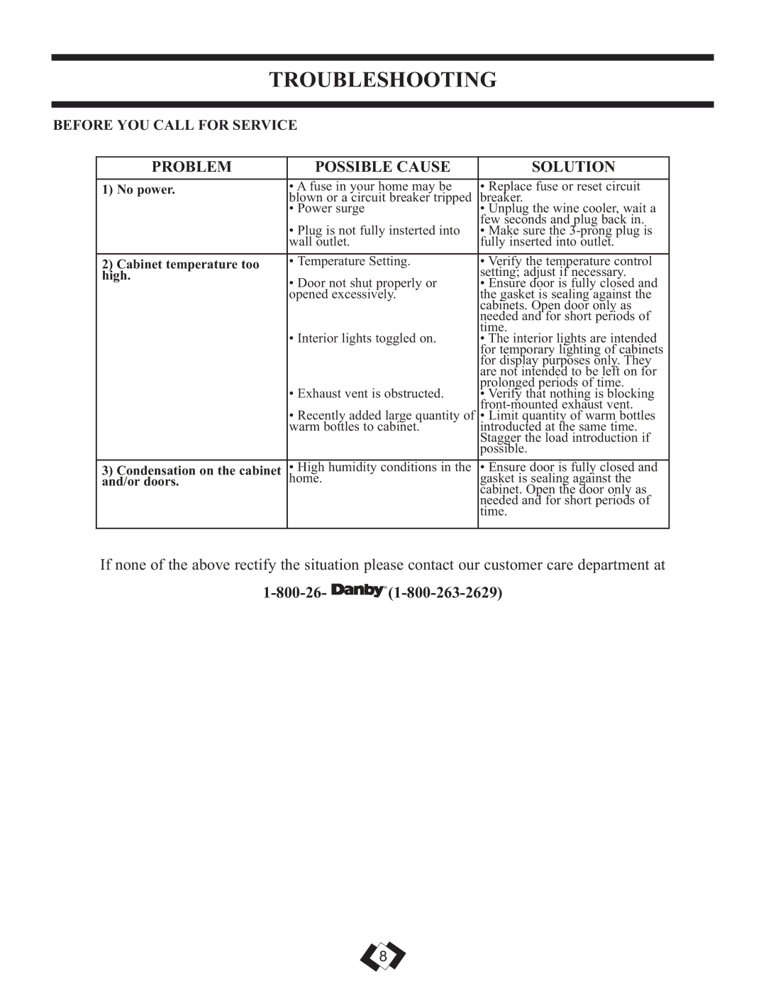 Danby DWC508BLS installation instructions Troubleshooting, Problem Possible Cause Solution, Before YOU Call for Service 