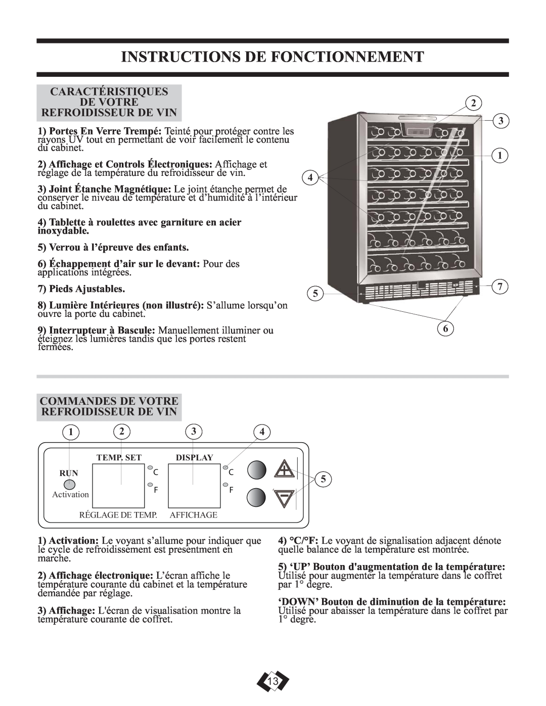 Danby DWC508BLS operating instructions Instructions De Fonctionnement, Caractéristiques De Votre Refroidisseur De Vin 