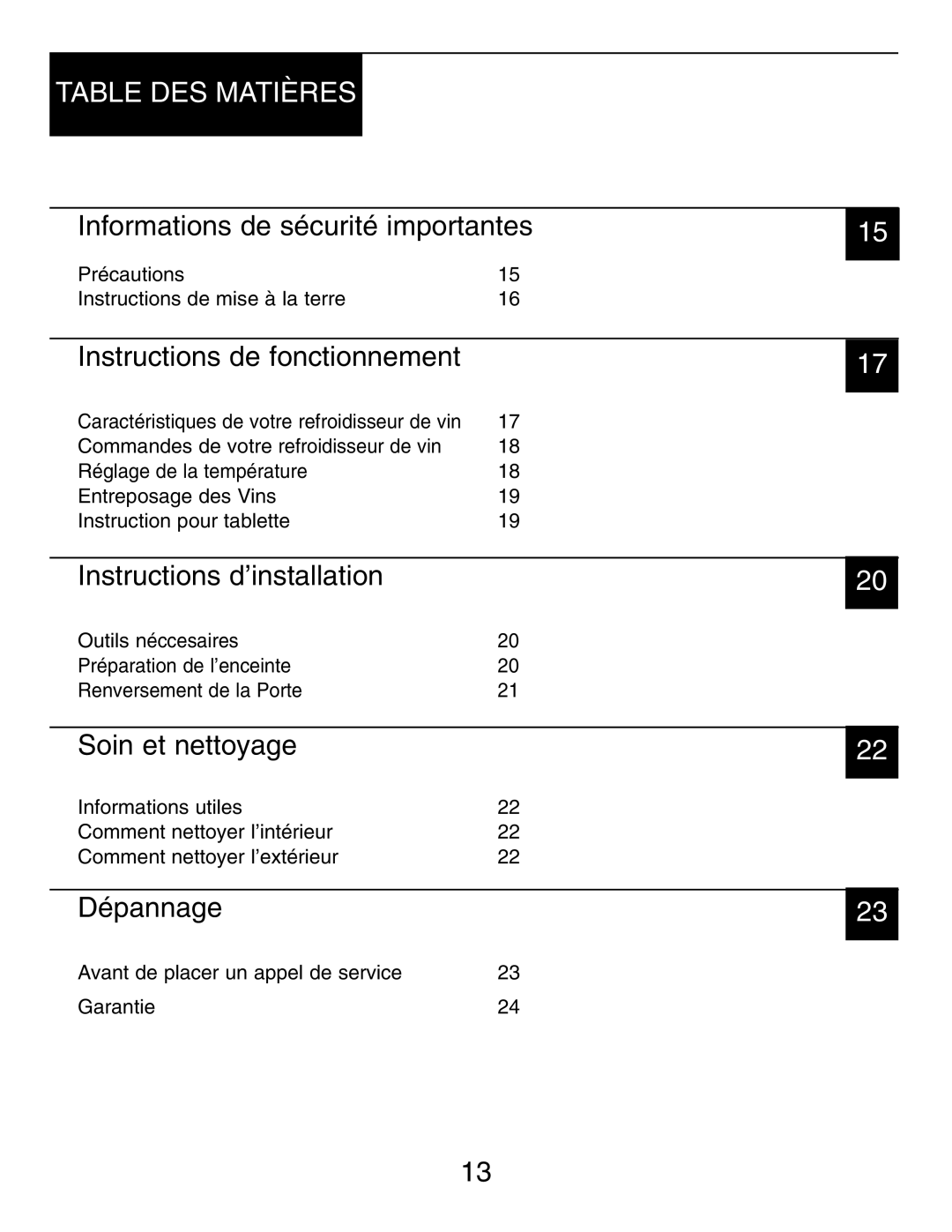 Danby DWC516BLS owner manual Table DES Matières 