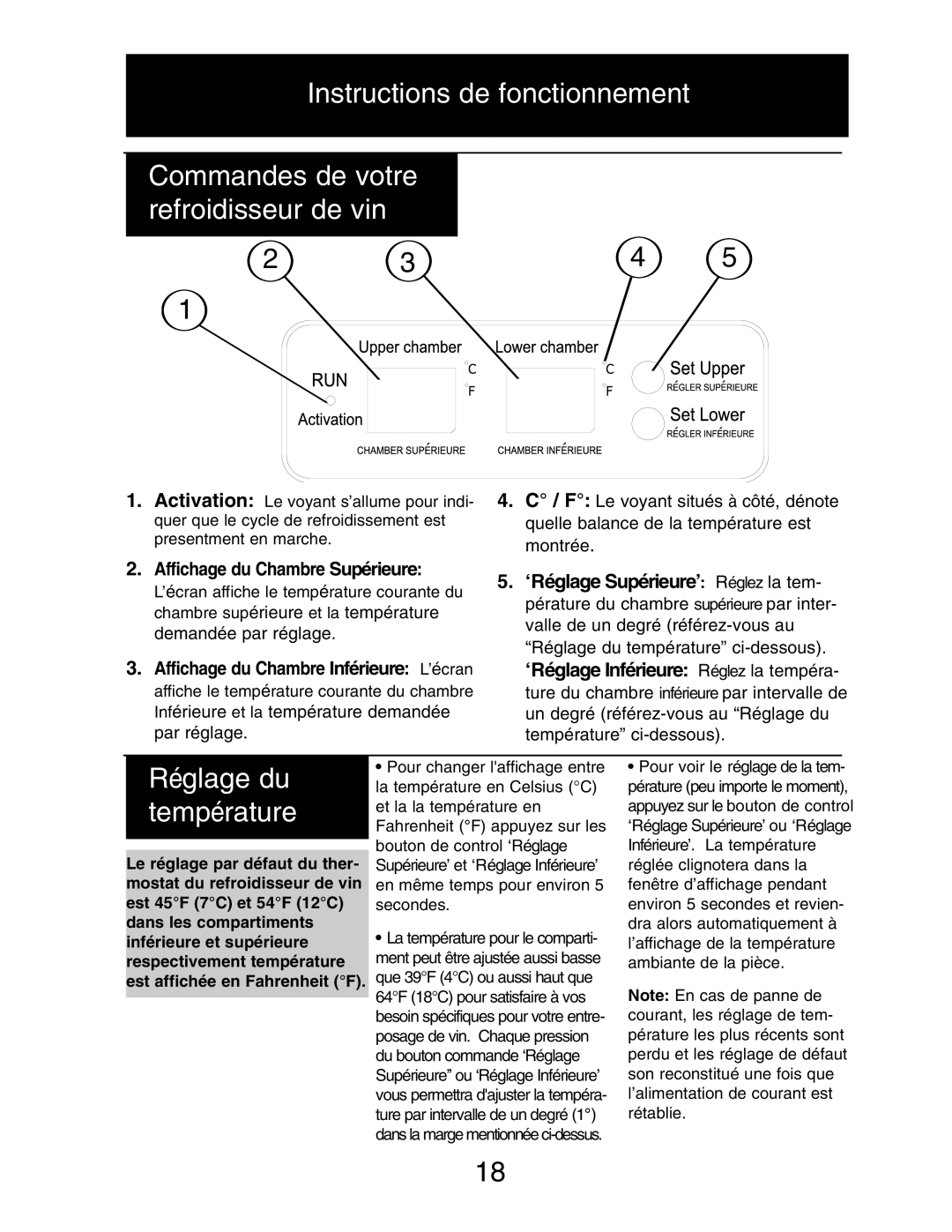 Danby DWC516BLS owner manual Réglage du température, Affichage du Chambre Supérieure 