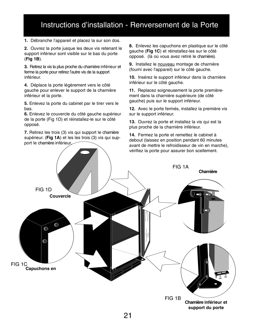 Danby DWC516BLS owner manual Instructions d’installation Renversement de la Porte 