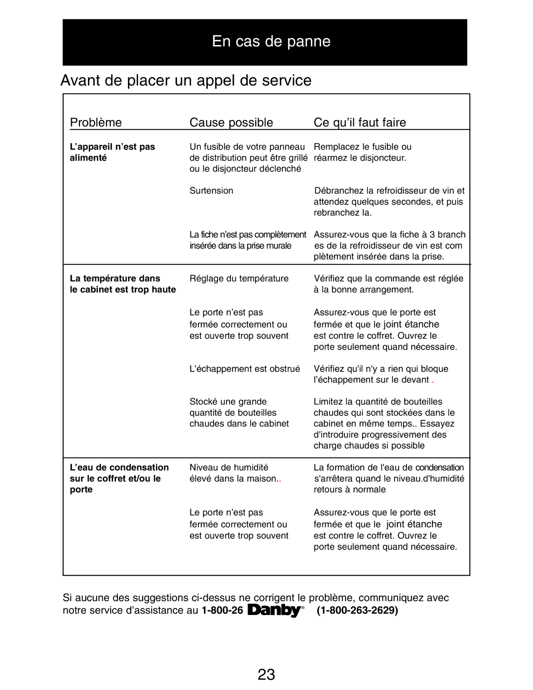 Danby DWC516BLS owner manual En cas de panne, Avant de placer un appel de service, Notre service d’assistance au 