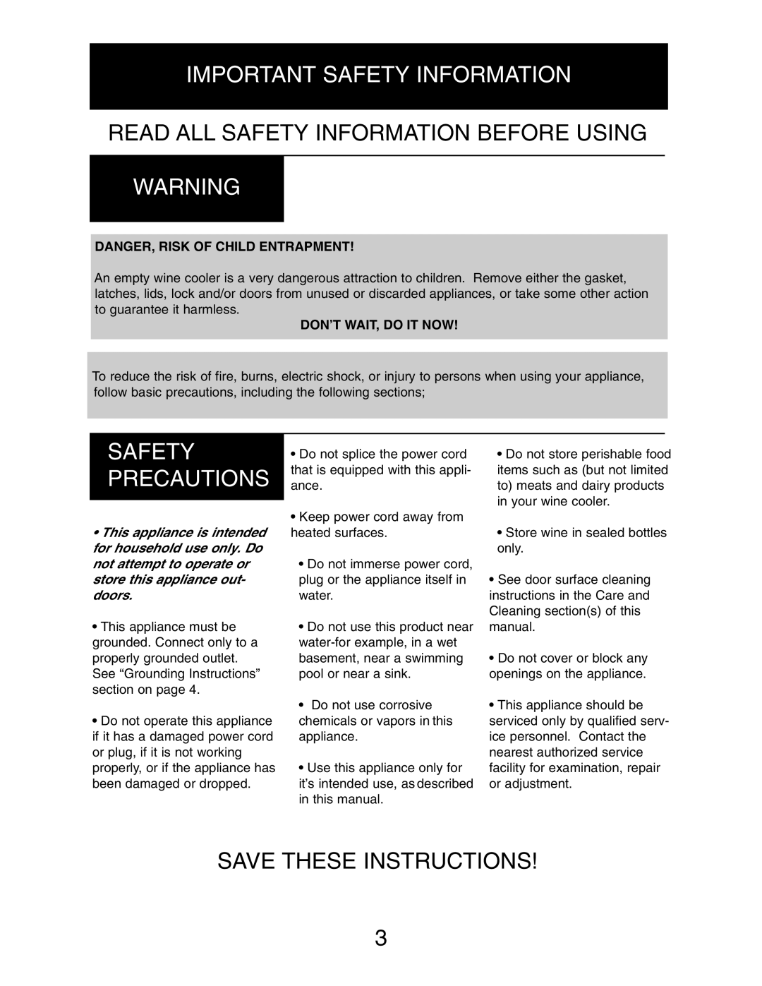 Danby DWC516BLS owner manual Important Safety Information, Safety Precautions 