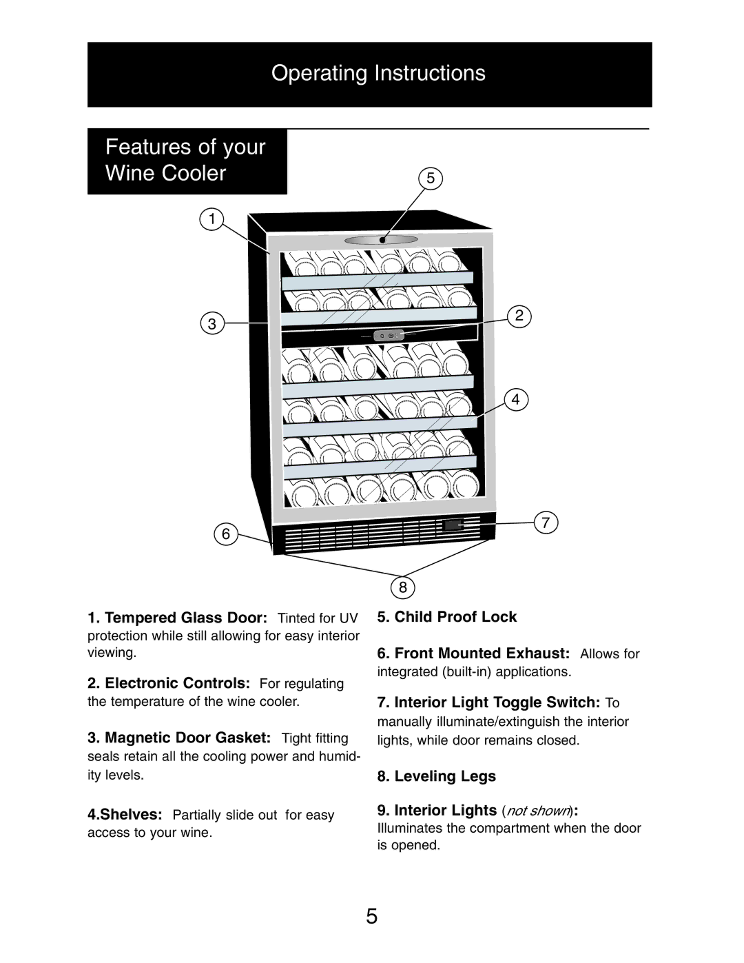 Danby DWC516BLS owner manual Operating Instructions Features of your Wine Cooler, Magnetic Door Gasket Tight fitting 