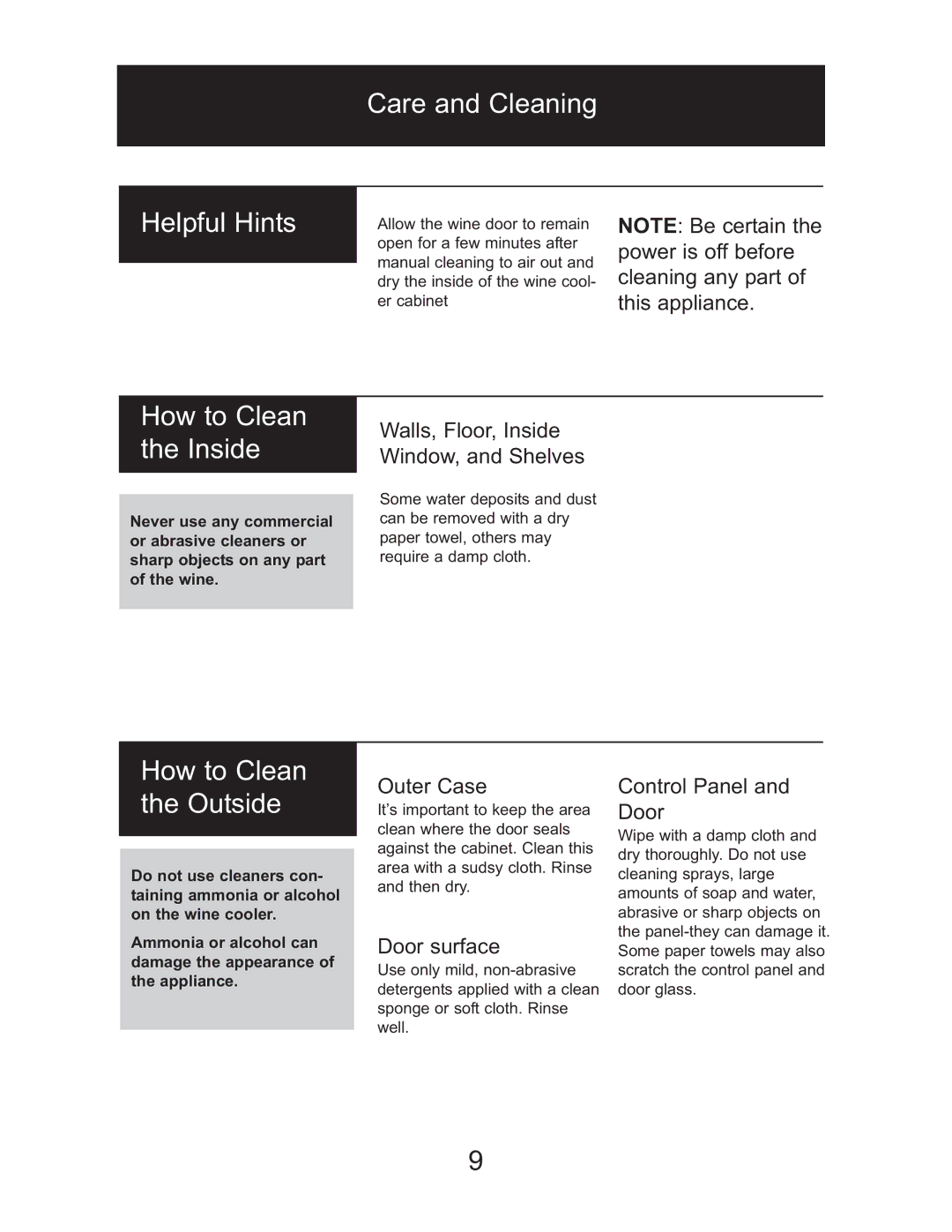 Danby DWC518BLS owner manual Care and Cleaning Helpful Hints, How to Clean the Inside, How to Clean the Outside 