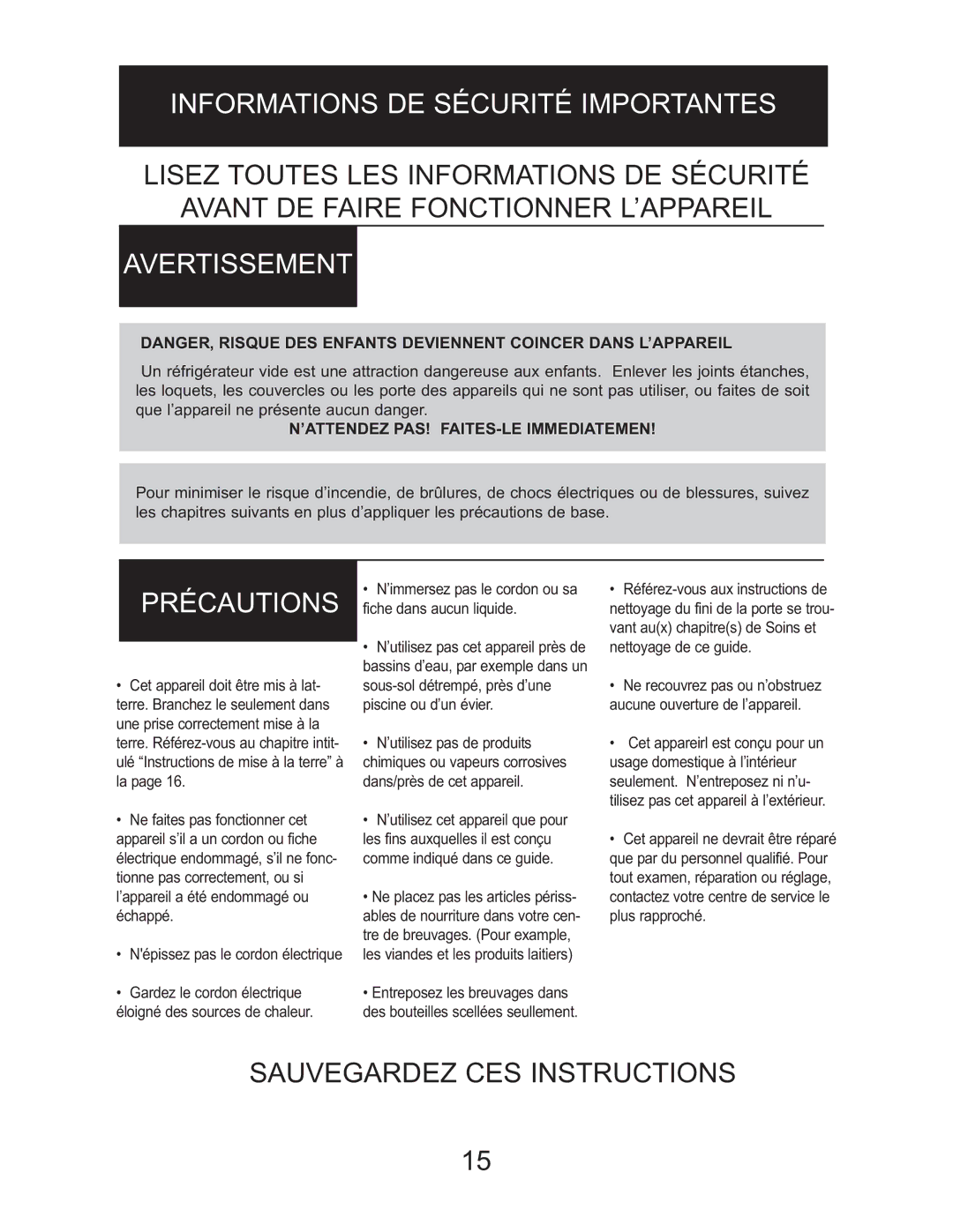 Danby DWC518BLS owner manual Informations DE Sécurité Importantes, Avertissement, Précautions 