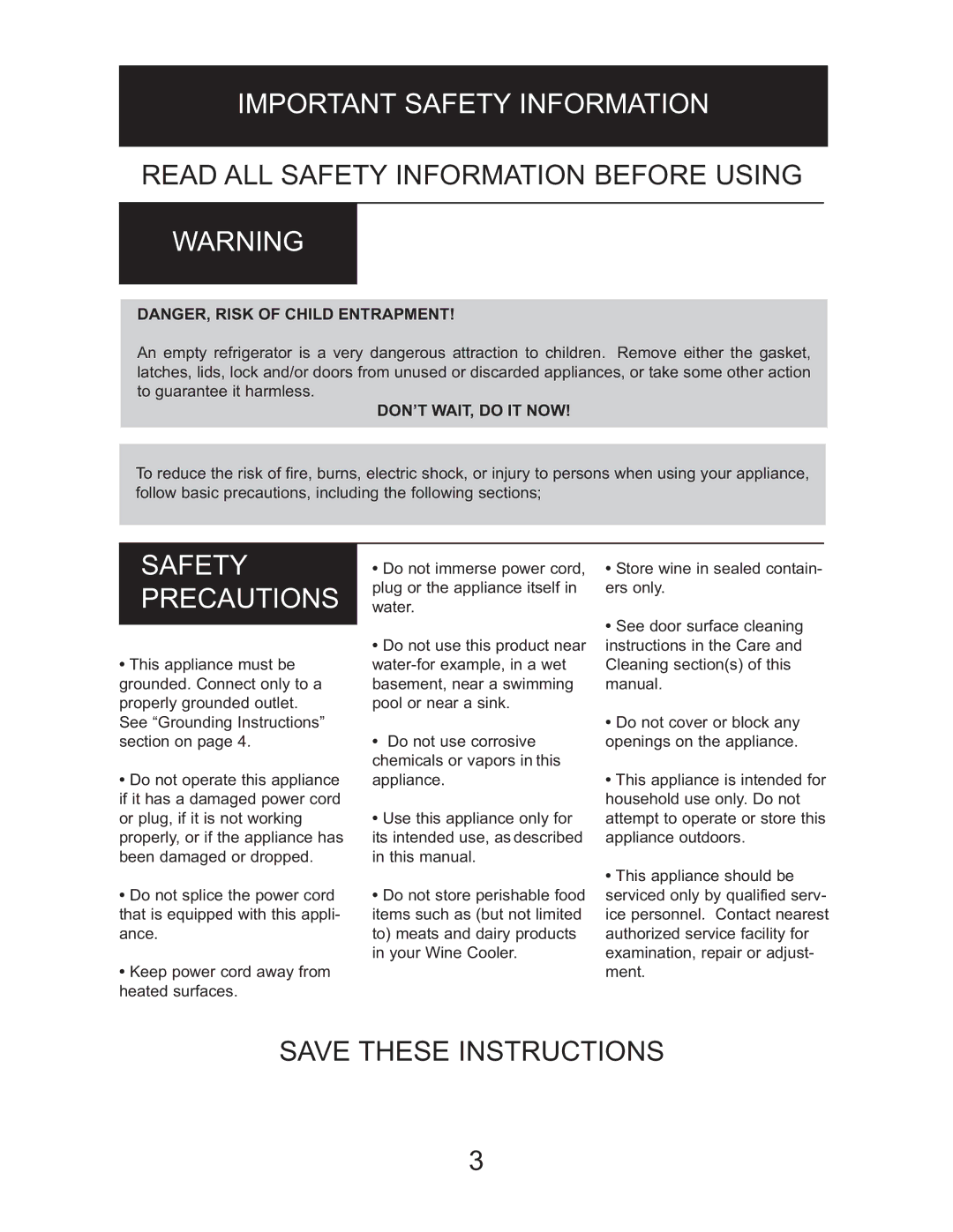 Danby DWC518BLS owner manual Important Safety Information, Safety Precautions 