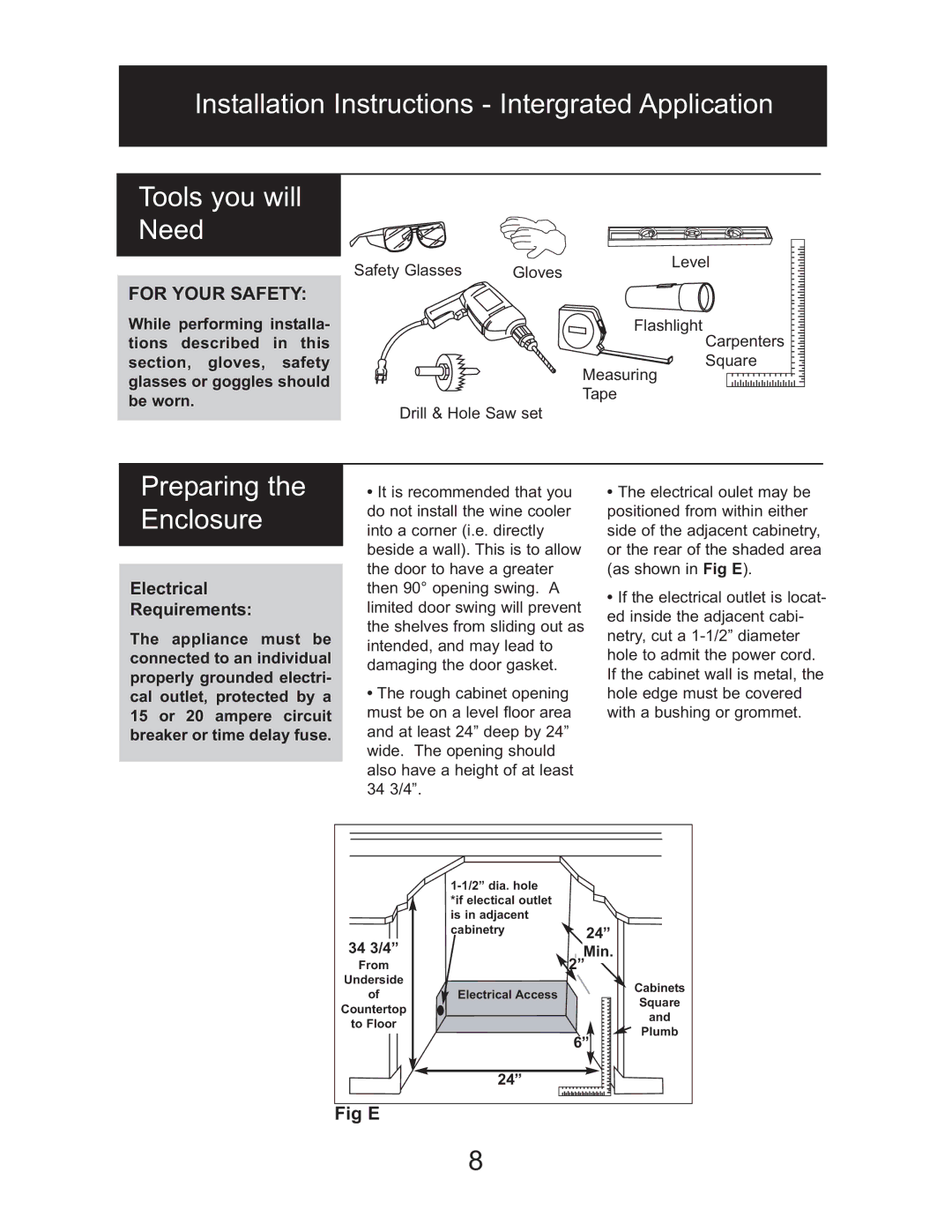 Danby DWC518BLS owner manual Preparing the Enclosure, Fig E 