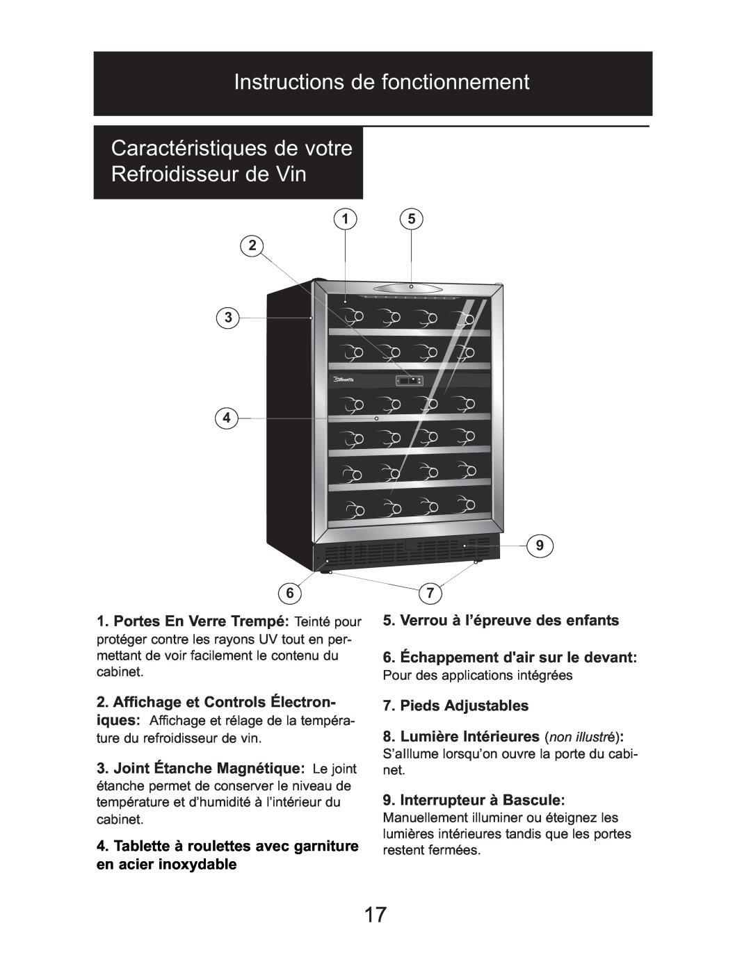 Danby DWC518BLS Instructions de fonctionnement Caractéristiques de votre, Refroidisseur de Vin, Interrupteur à Bascule 