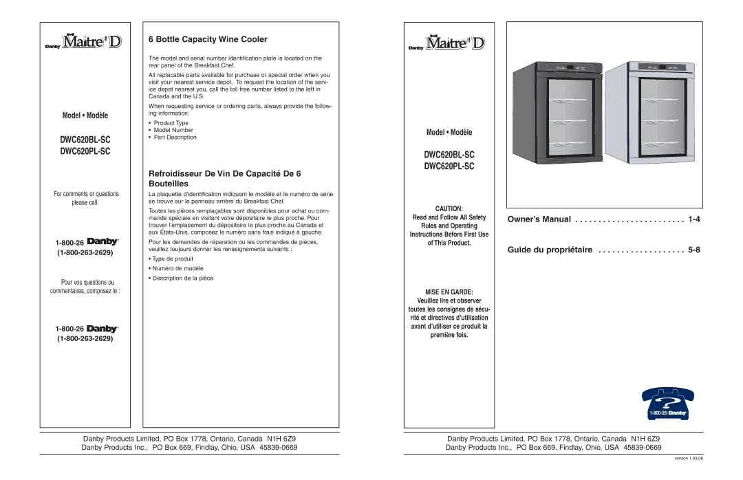 Danby DWC620BL-SC owner manual 800-26, Model Modèle 