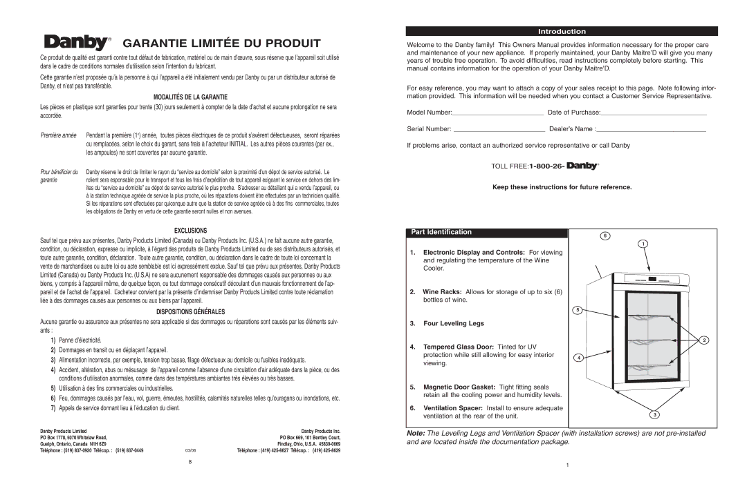 Danby DWC620BL-SC Garantie Limitée DU Produit, Part Identification, Keep these instructions for future reference 