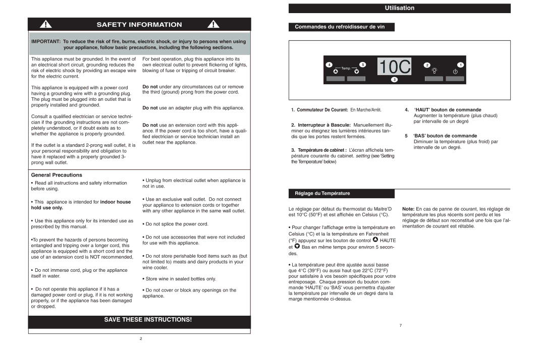 Danby DWC620BL-SC owner manual Safety Information, Commandes du refroidisseur de vin, General Precautions 