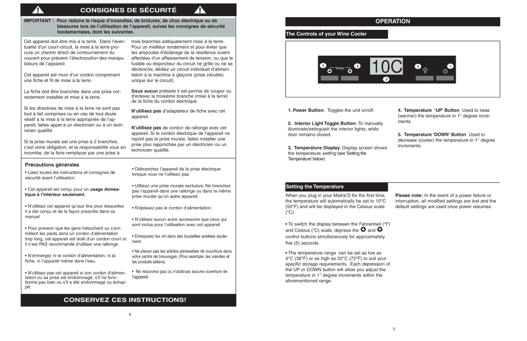 Danby DWC620BL-SC Consignes DE Sécurité, Conservez CES Instructions, Controls of your Wine Cooler, Précautions générales 