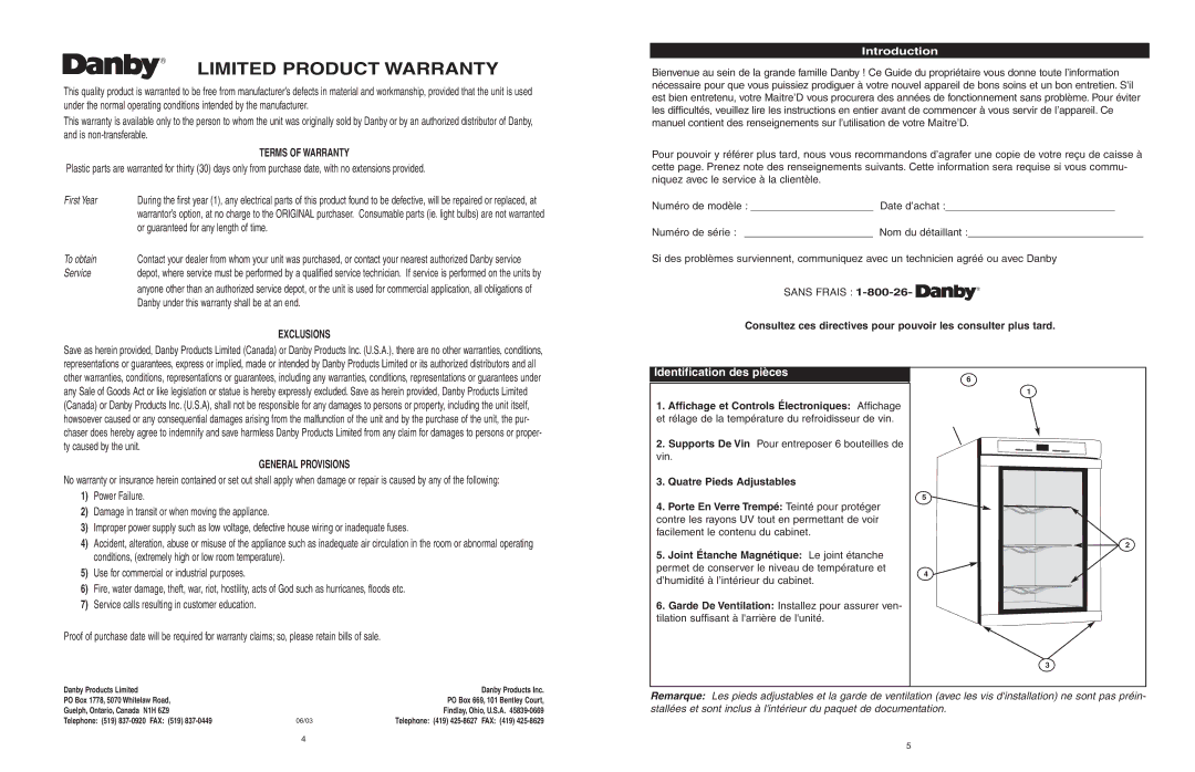 Danby DWC620BL-SC owner manual Limited Product Warranty, Identification des pièces, Terms of Warranty, General Provisions 