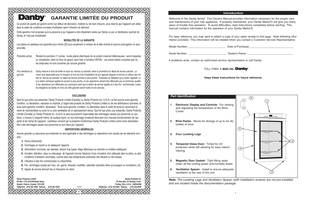 Danby DWC620BL-SC owner manual Garantie Limitée Du Produit, Introduction, Part Identification 