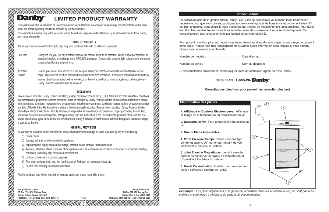 Danby DWC620BL-SC owner manual Limited Product Warranty, Identification des pièces, Introduction 