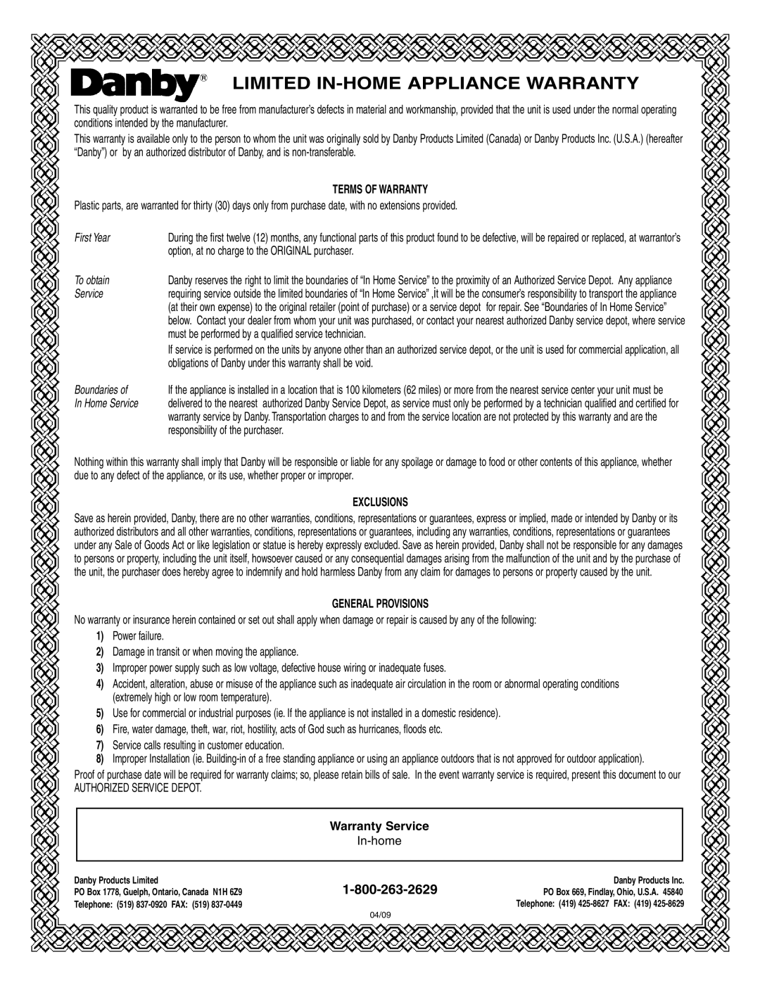 Danby DWC93BLSDB manual Limited IN-HOME Appliance Warranty 